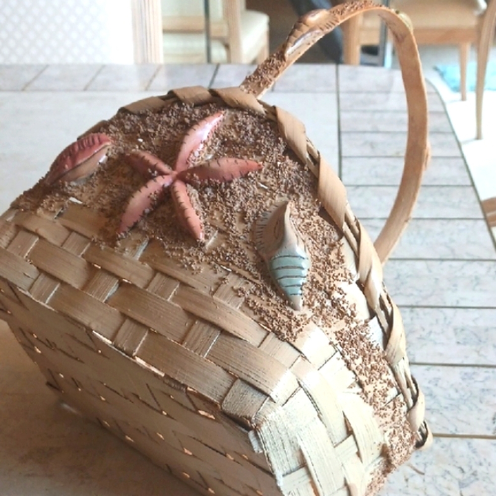 Beige Woven Basket with Seashell Accents,   Vintage From 1990's..New - Picture 3 of 9